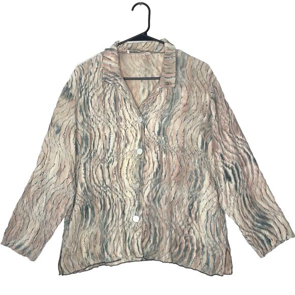 Vintage Silk Button Down Blouse Crinkle Textured Pastel Abstract Top Size S - Picture 1 of 8